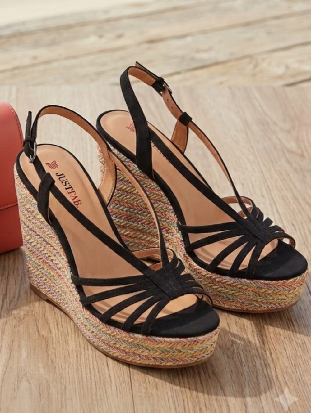 JustFab Black Strappy Espadrille Wedge Sandals